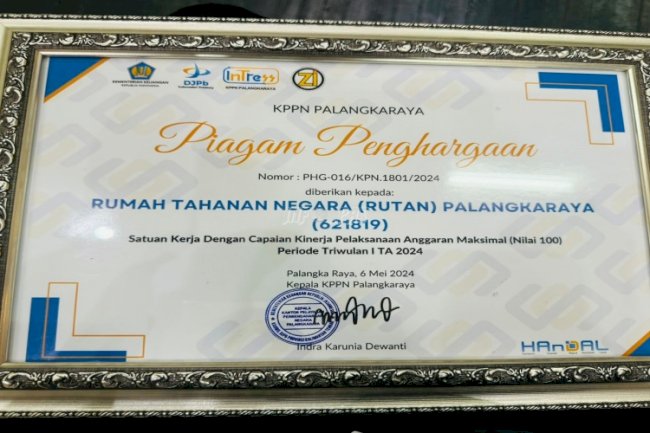 Rutan Palangka Raya Raih Penghargaan Satker dengan Capaian Kinerja Pelaksanaan Anggaran Maksimal