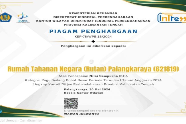 Rutan Palangka Raya Raih Apresiasi Satker Peraih IKPA Sempurna