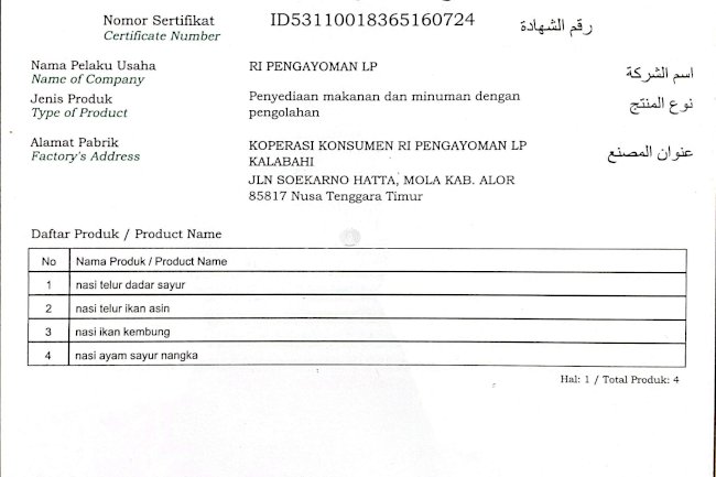 Lapas Kalabahi Raih Sertifikat Halal dalam Penyelenggaraan Makanan di UPT Pemasyarakatan 