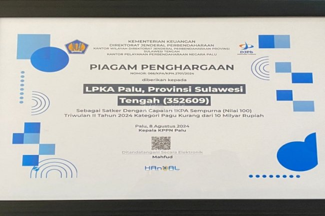 LPKA Palu Kembali Raih IKPA Sempurna Triwulan II Tahun 2024