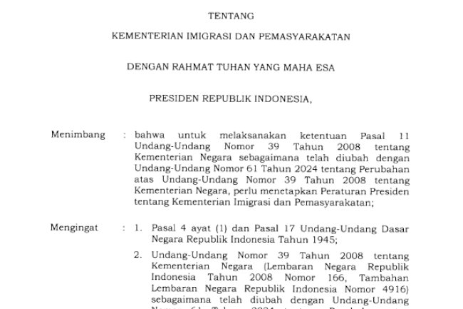 Peraturan Presiden RI No. 157 Tahun 2024 tentang Kementerian Imigrasi dan Pemasyarakatan