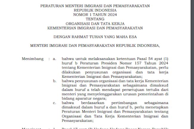 Peraturan Menteri Imigrasi dan Pemasyarakatan No. 1 Tahun 2024 tentang ORTA Kementerian Imipas