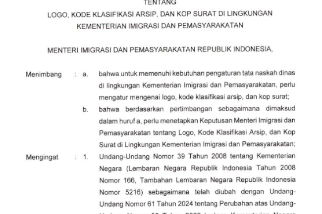 Keputusan Menteri Imigrasi dan Pemasyarakatan tentang Logo, Kode  Klasifikasi Arsip, dan Kop Surat di Lingkungan Kementerian Imipas