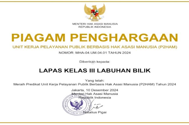 UPT Pemasyarakatan Raih Penghargaan Unit Kerja Berbasis P2HAM