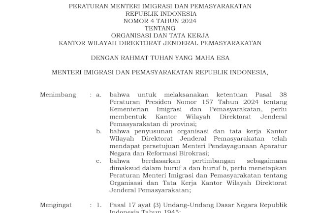 Peraturan Menteri Imigrasi dan Pemasyarakatan No. 4 Tahun 2024 tentang Organisasi dan Tata Kerja Kantor Wilayah Direktorat Jenderal Pemasyarakatan