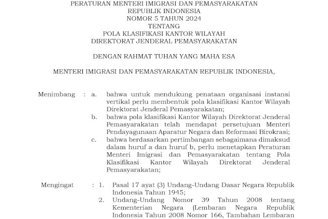 Peraturan Menteri Imigrasi dan Pemasyarakatan No. 5 Tahun 2024 tentang Pola Klasifikasi Kantor Wilayah Direktorat Jenderal Pemasyarakatan