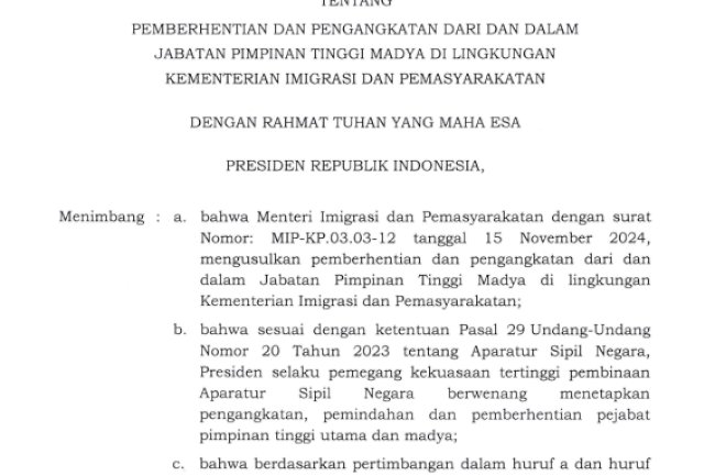 Keputusan Presiden RI No. 197/TPA Tahun 2024 tentang Pemberhentian dan Pengangkatan dari dan dalam Jabatan Pimpinan Tinggi Madya di Lingkungan Kementerian Imigrasi dan Pemasyarakatan