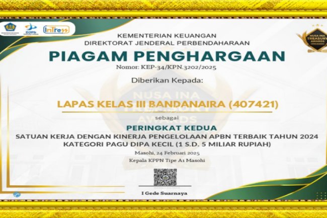 Lapas Bandanaira Kembali Raih Peringkat II Penghargaan Nusa Ina Treasury Awards