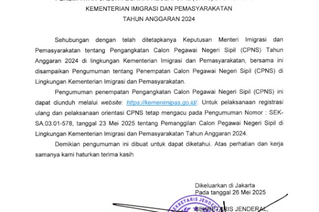 Pengumuman tentang Penempatan CPNS di Lingkungan Kementerian Imigrasi dan Pemasyarakatan TA 2024