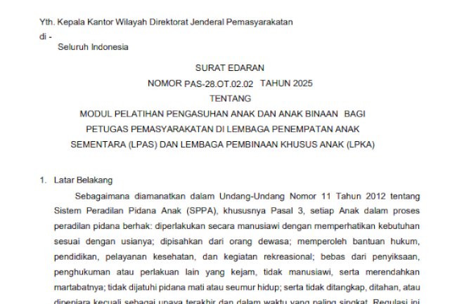 Surat Edaran tantang Modul Pelatihan Pengasuhan Anak dan Anak Binaan bagi Petugas Pemasyarakatan di LPAS dan LPKA