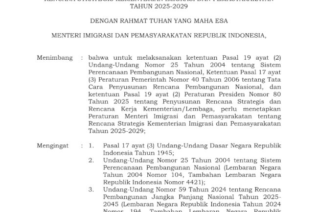 Peraturan Menteri Imigrasi dan Pemasyarakatan Nomor 11 Tahun 2025 Tentang Rencana Strategis Kementerian Imigrasi dan Pemasyarakatan Tahun 2025-2029