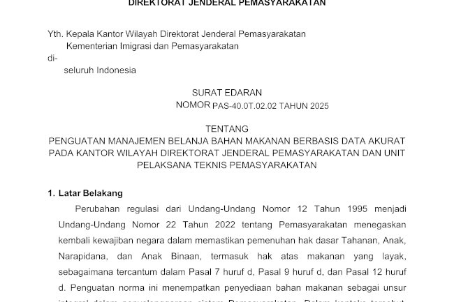 Surat Edaran tentang Penguatan Manajemen Belanja Bahan Makanan Berbasis Data Akurat pada Kantor Wilayah Direktorat Jenderal Pemasyarakatan dan Unit Pelaksana Teknis Pemasyarakatan