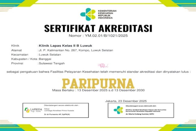 Klinik Lapas Luwuk Resmi Raih Akreditasi Paripurna dari Kemenkes RI
