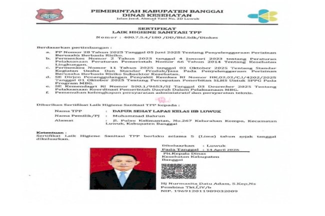 Lapas Luwuk Resmi Raih Sertifikat Laik Higiene Sanitasi Dapur Sehat