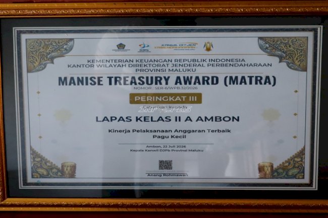 Lapas Ambon Raih Penghargaan MATRA, Peringkat III Kinerja Pelaksanaan Anggaran Terbaik Pagu Kecil