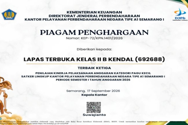 Lapas Terbuka Kendal Raih Penghargaan Terbaik 3 IKPA pada KPPN Semarang I Awards 2026