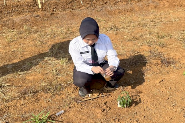 Kenali Kondisi Lahan, Peserta MagangHub Kemnaker Ukur pH Tanah di SAE Kebun Lapas Batulicin